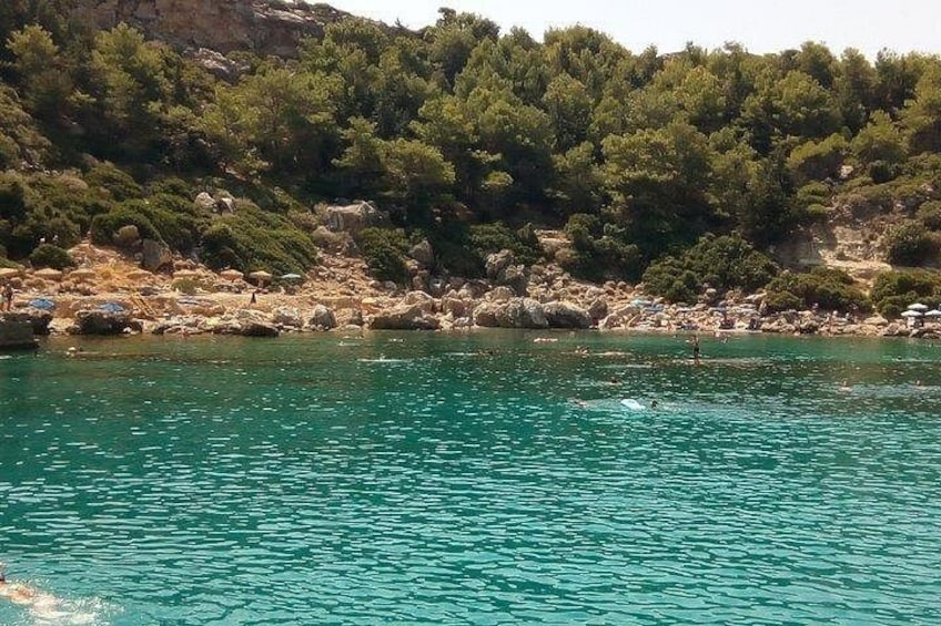 A turquoise sea with a rocky shoreline, dense green trees, and a clear sky. 5