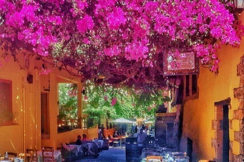 En udendørs café med borde og stole under et blomstrende træ. 3
