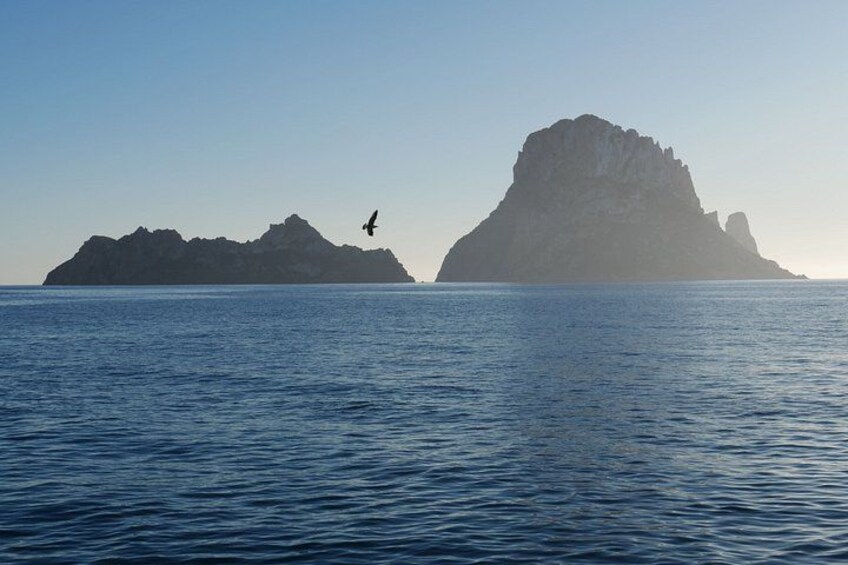 A calm sea with two islands and a bird flying. 5