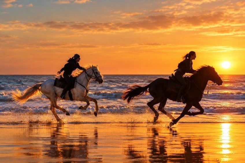 Two people riding horses on a beach at sunset. 4