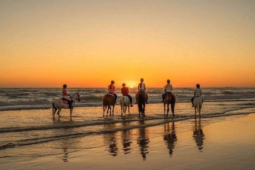 A sunset over a beach with people riding horses. 3