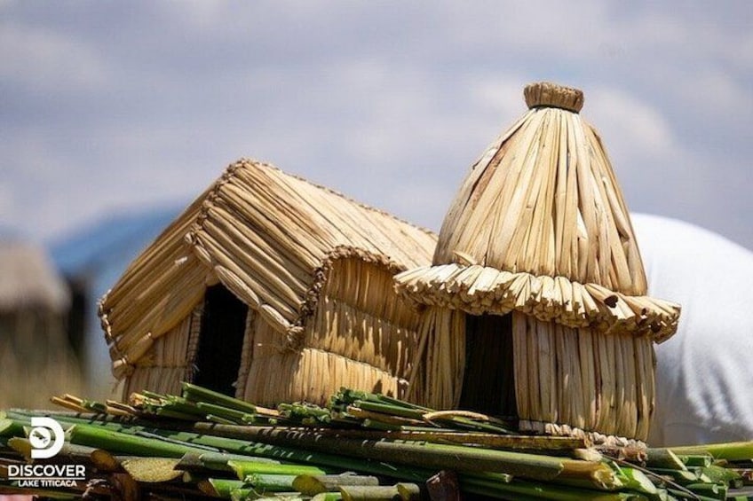 Een model van een traditionele hut van stro, met een rieten dak en een hoop groene groenten ervoor. 4