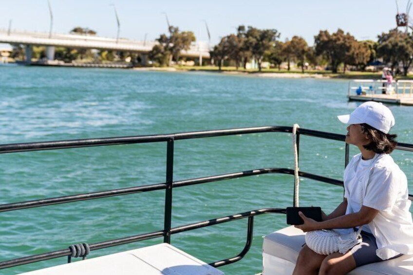 A person sitting on a boat with a railing, a bridge, and trees in the background. 2