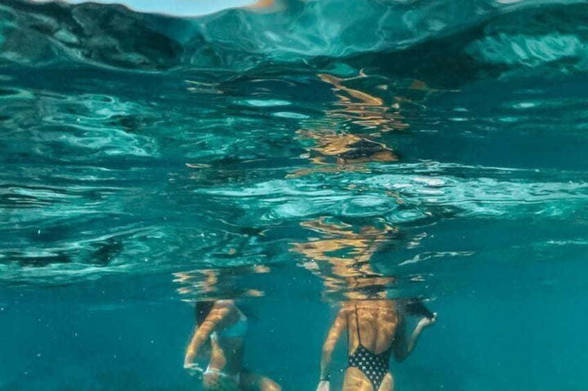 A person swimming underwater. 4