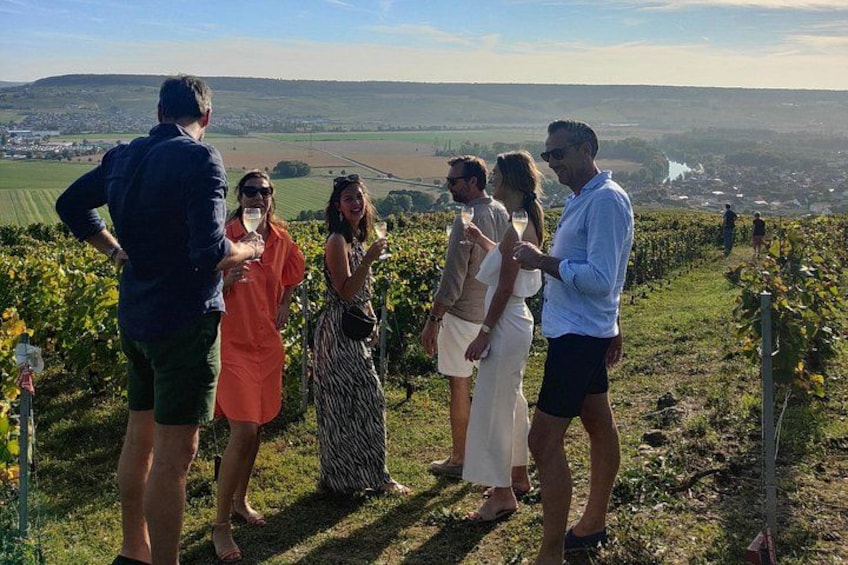 Eine Gruppe von Menschen steht auf einem Weinberg mit Blick auf die Landschaft. 3