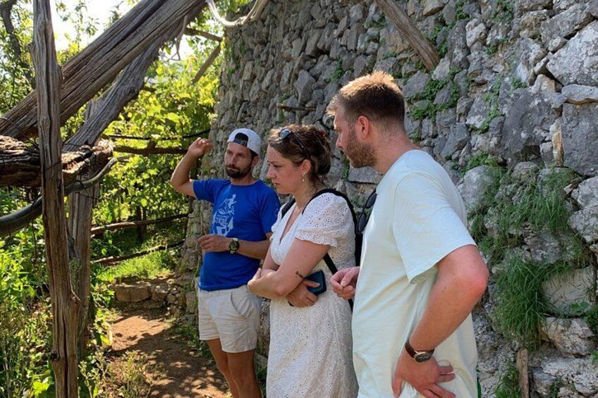 Three people standing near a stone wall and a wooden structure in a natural setting. 2