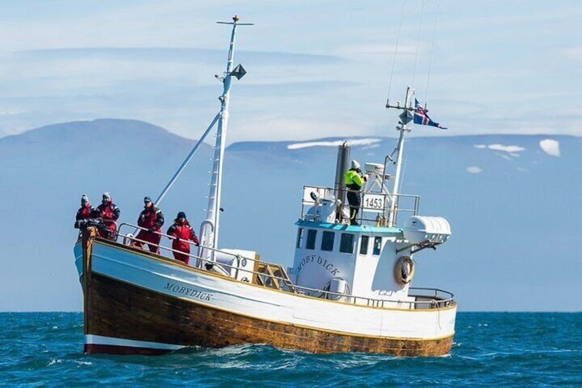 A boat named 'Moby Dick' with people on deck, sailing on the ocean with mountains in the background. 4