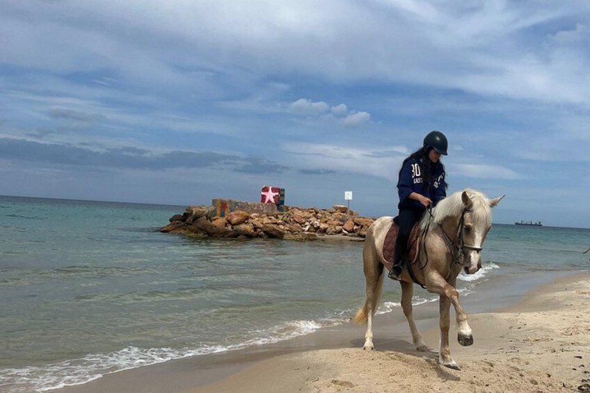 A person riding a horse on a beach with a rocky outcrop in the background. 2