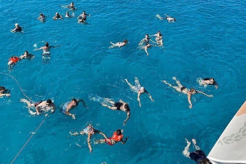 Un grupo de personas nadando en una piscina azul cristalina. 3