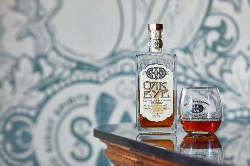 Our Oak Eye Kentucky Bourbon whose every drop is made on site. and every label is hand written 4