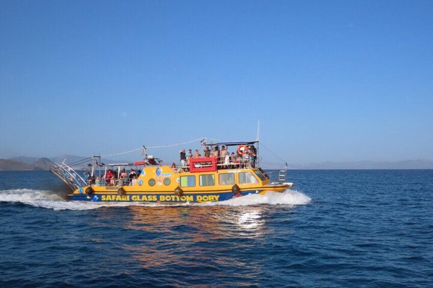 A safari glass boat named 'Safari Glass Bottom Dory' on the water. 2