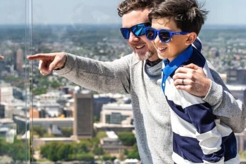 Iemand wijst naar een stadsgezicht vanaf een hoog punt. 1