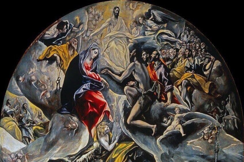 Une peinture circulaire représentant une figure centrale en rouge, entourée de diverses autres figures et animaux. 3