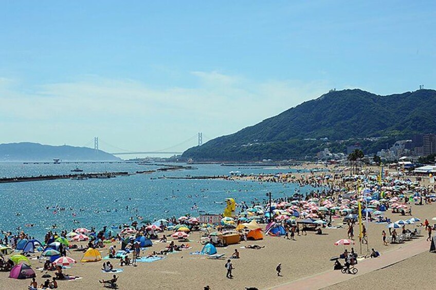 A crowded beach with people sunbathing and swimming, a large mountain in the background, and a bridge across the water. 4