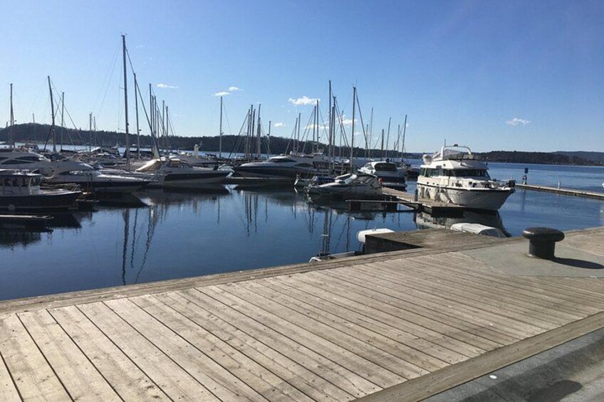 Un puerto deportivo con varios veleros amarrados, muelles de madera y agua tranquila que refleja las embarcaciones. 3