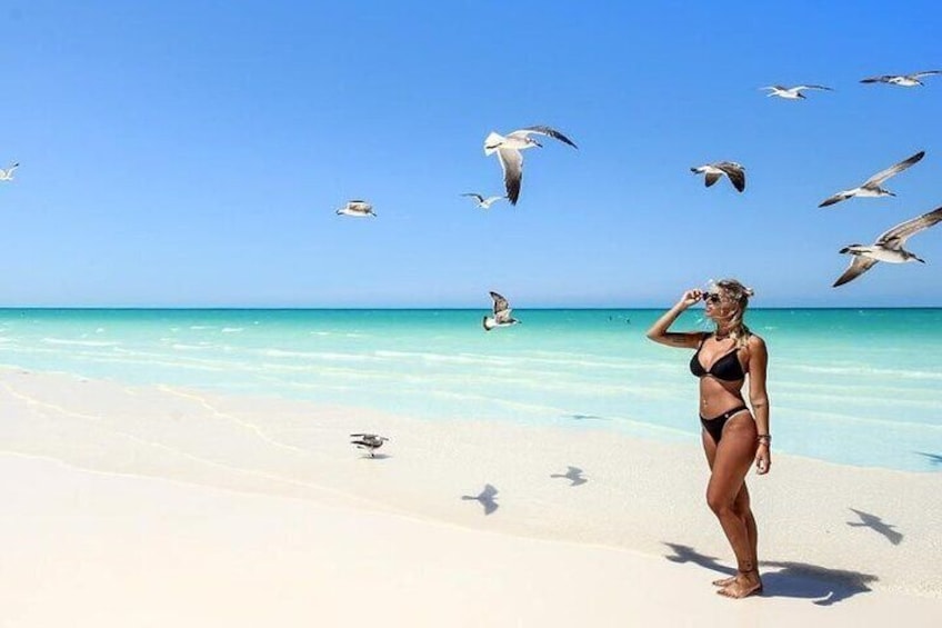 Een vrouw in bikini op een strand met helder turquoise water en vogels in de lucht. 1