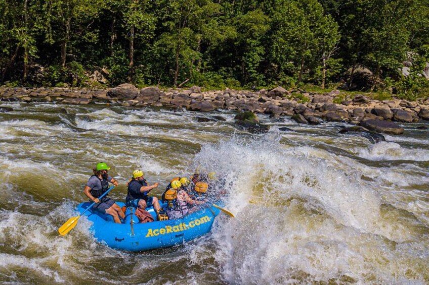 A group of people rafting on a river surrounded by rocks and trees. 2