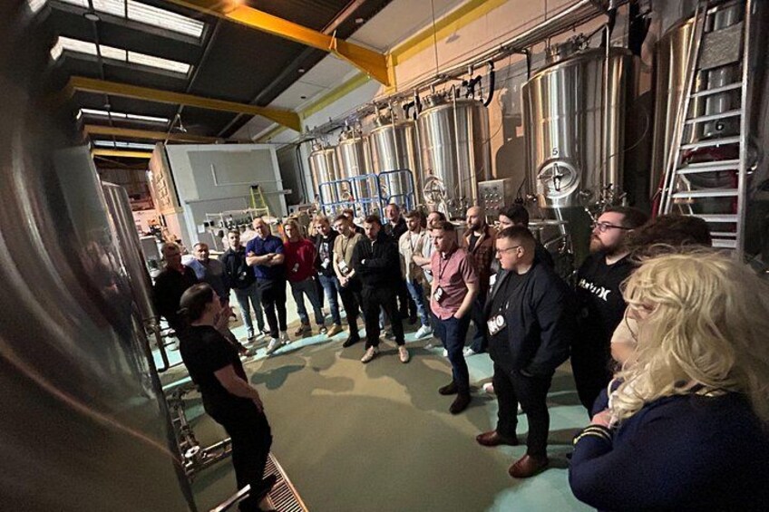 A group of people standing in a brewery with stainless steel tanks and a ladder. 1