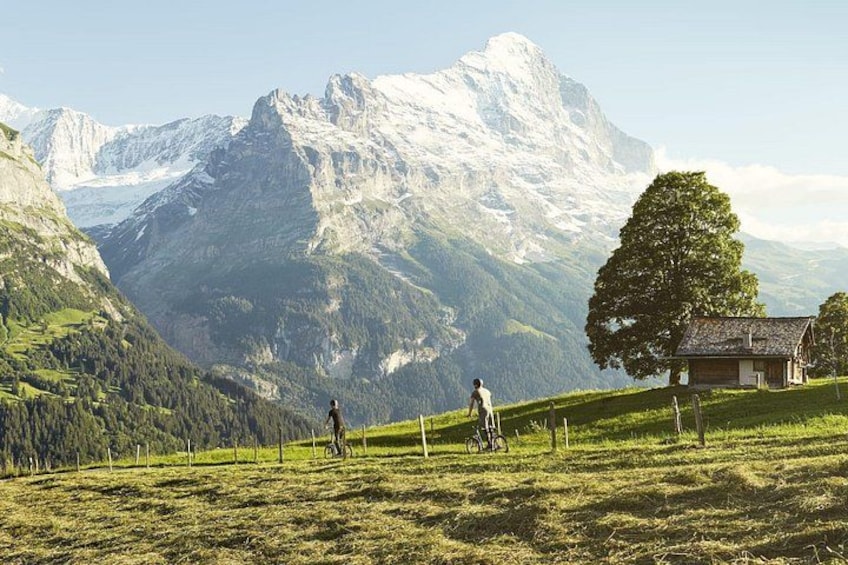 A mountainous landscape with a house, a person riding a bicycle, and a cyclist. 2