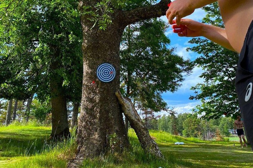 A person aiming an arrow at a target on a tree in a grassy area. 5