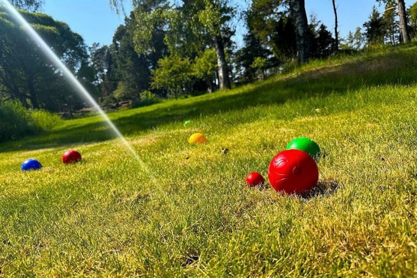 A grassy field with colorful balls and a sprinkler. 4