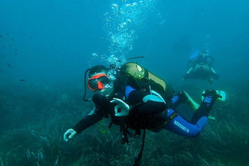 Deux plongeurs sous-marins, équipés de palmes et de bouteilles d’oxygène. 1