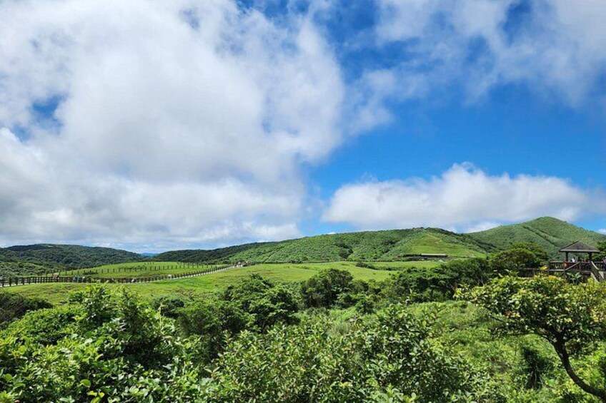 A lush green landscape with rolling hills, a clear sky, and a small structure in the distance. 1