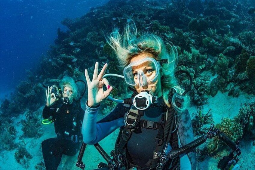 A diver with a snorkel and fins, surrounded by underwater coral and marine life. 4