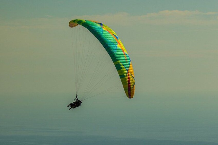 Un parapendio con una vela colorata che vola sopra un corpo d'acqua. 1