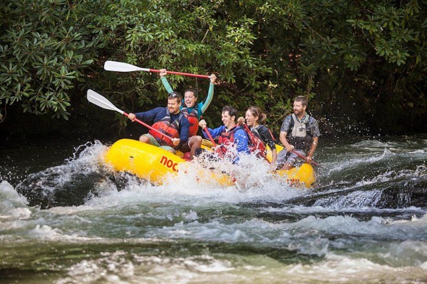A group of people rafting on a yellow raft with paddles, surrounded by water and greenery. 2