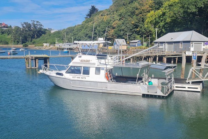 A white boat docked at a pier with a forested hillside in the background. 5