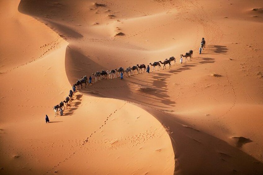 Une caravane de chameaux et de cavaliers traverse un paysage désertique parsemé de dunes de sable ondulantes. 2