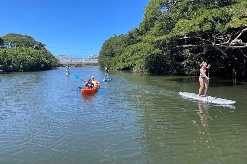 People paddleboarding on a calm river with a bridge in the background. 4