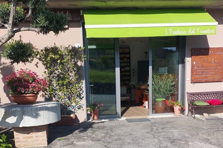 A building with a green awning, potted plants, and a bench outside. 2