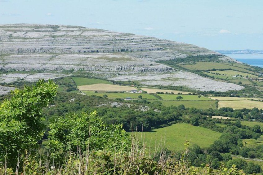 A hilly landscape with green fields and rocky outcrops. 4