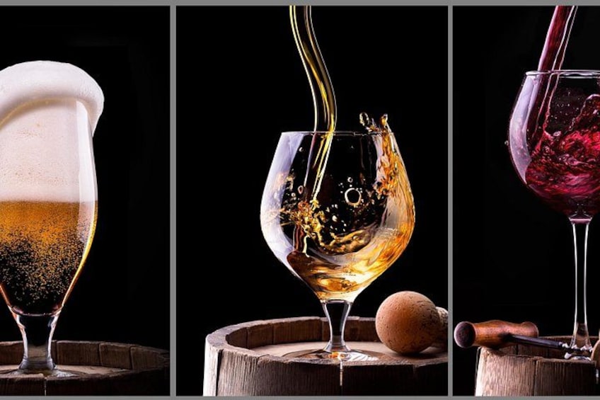 Three wine glasses with different contents and actions. 2
