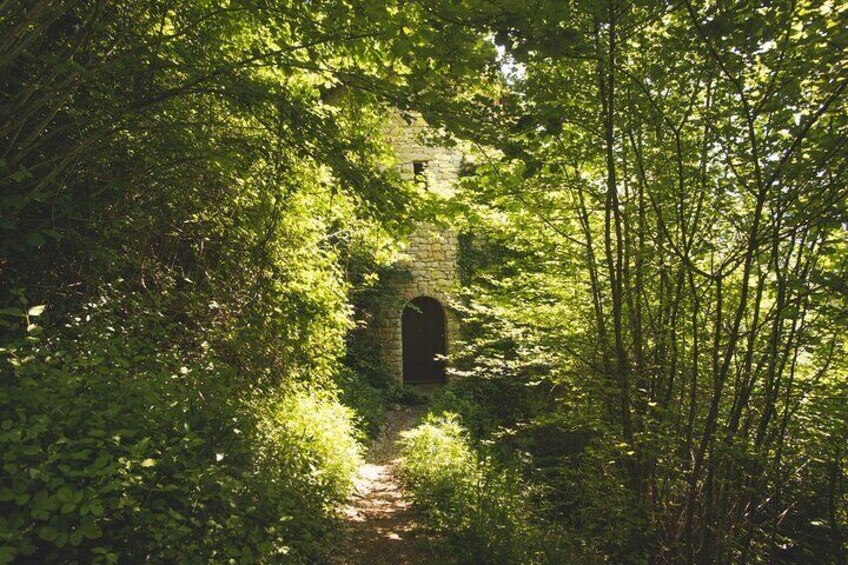 A narrow stone pathway leading to an arched stone structure surrounded by dense green foliage. 5