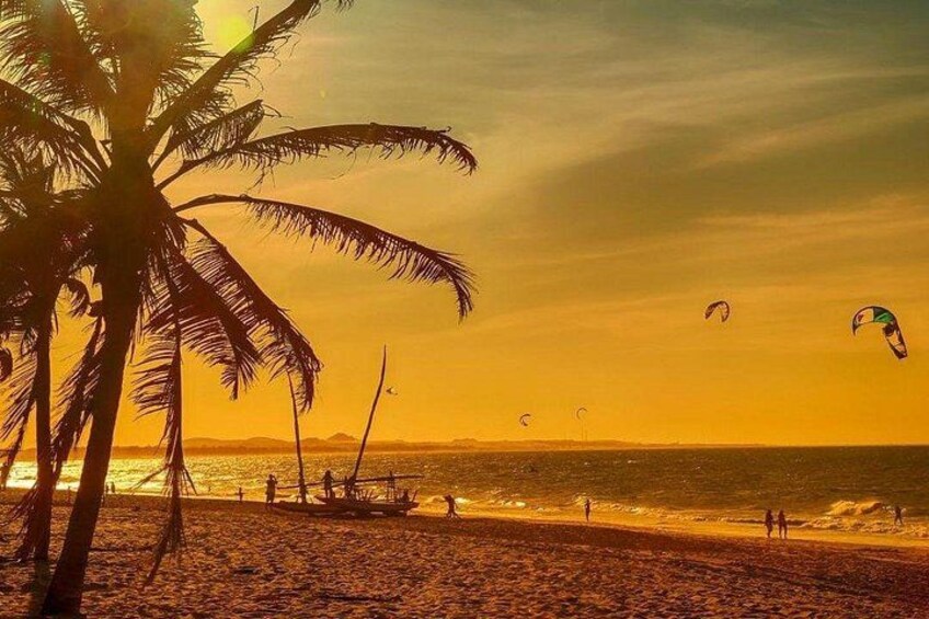 A beach with palm trees, a sunset, and people flying kites. 2