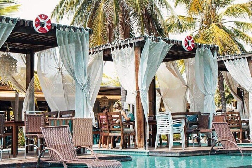 A poolside area with lounge chairs, a covered seating area, and palm trees. 1