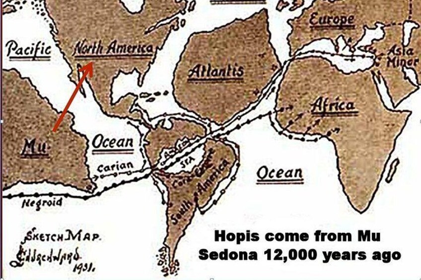 A sketch map of the world highlighting Mu and Sedona, with a note that Hopis come from Mu 12,000 years ago. 2