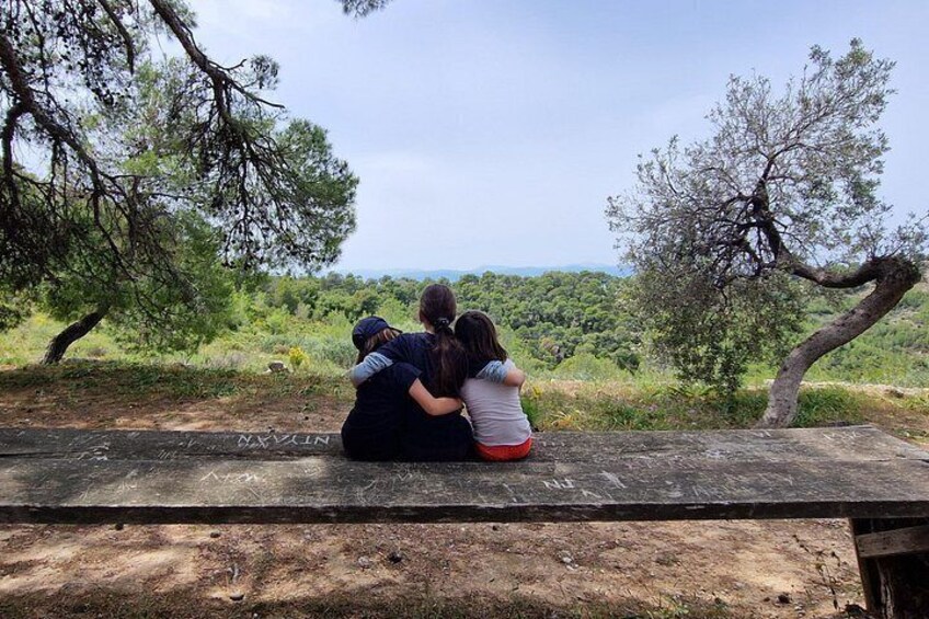 Two people sitting on a wooden bench overlooking a forested landscape. 2