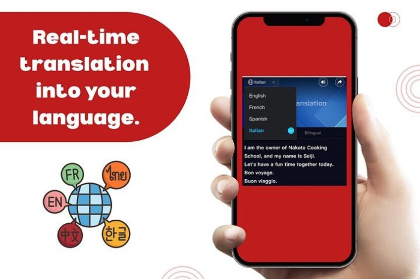 En smartphone som visar en översättningsapp med flera språkval. 3
