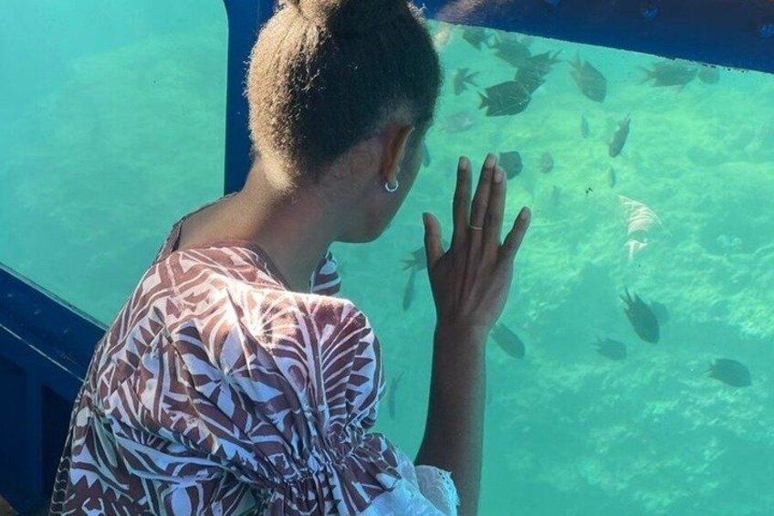 A person observing fish through a glass barrier. 5