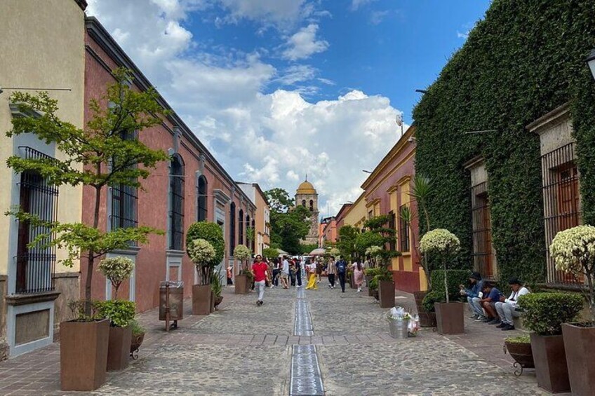 En kullerstensgata kantad av historiska byggnader, ett klocktorn och människor som promenerar. 3