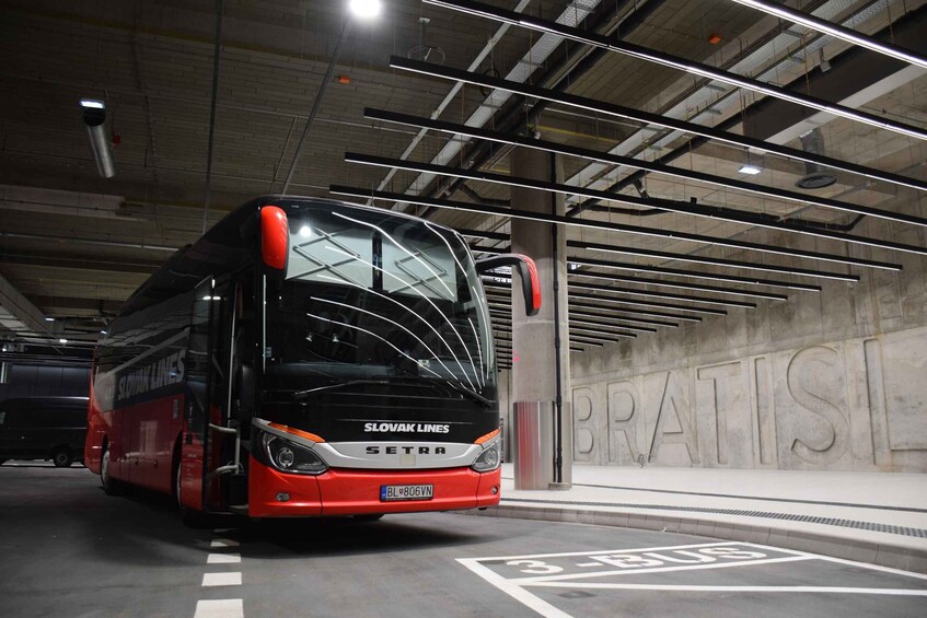 A red and black bus with the text 'SLOVAK LINES SETRA' parked in a bus depot. 4