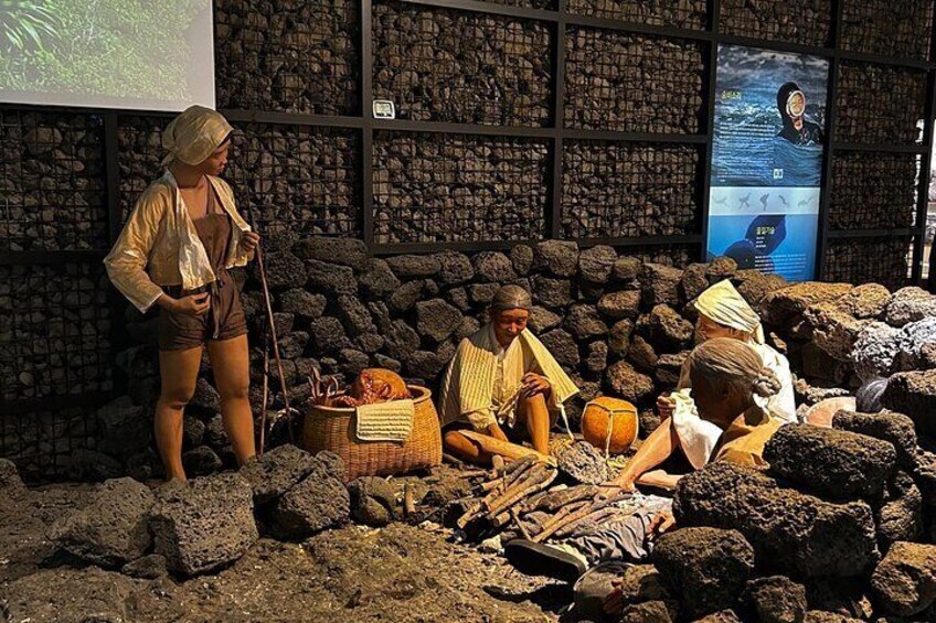 A historical reenactment scene with people in traditional attire, a basket of bread, and a stone wall backdrop. 1