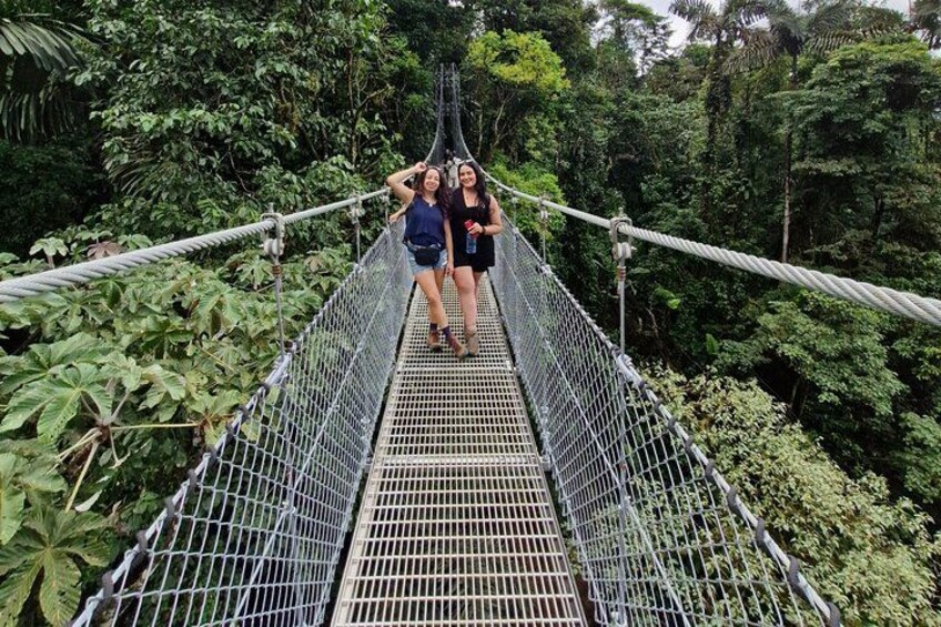 A suspension bridge in a forested area with dense vegetation on both sides. 1