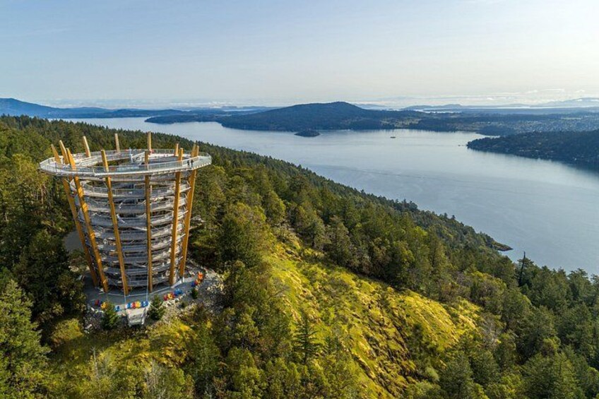 A circular building with a wooden exterior, surrounded by a forested area and a lake. 3