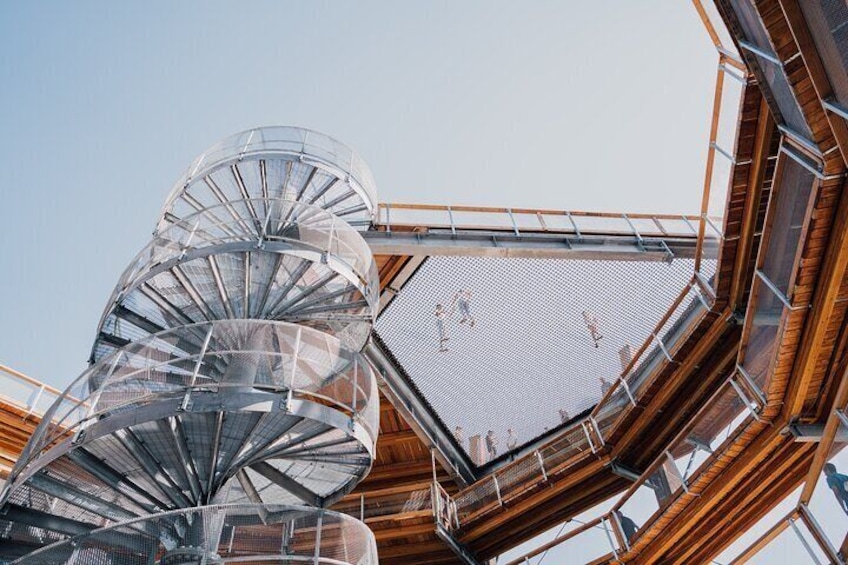 A spiral staircase with glass railings and wooden beams. 1