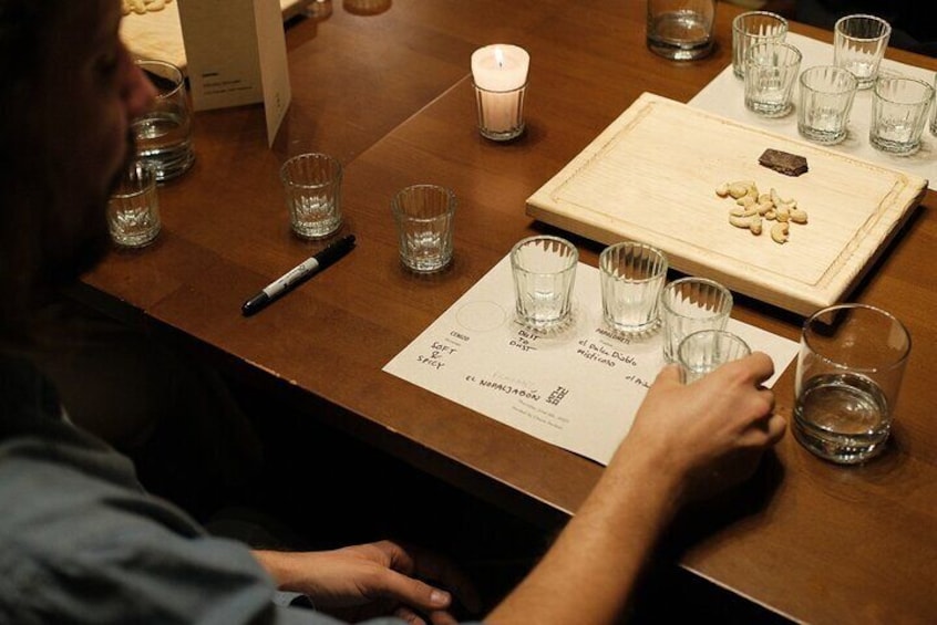 A person sitting at a table with glasses, a candle, and a menu. 2
